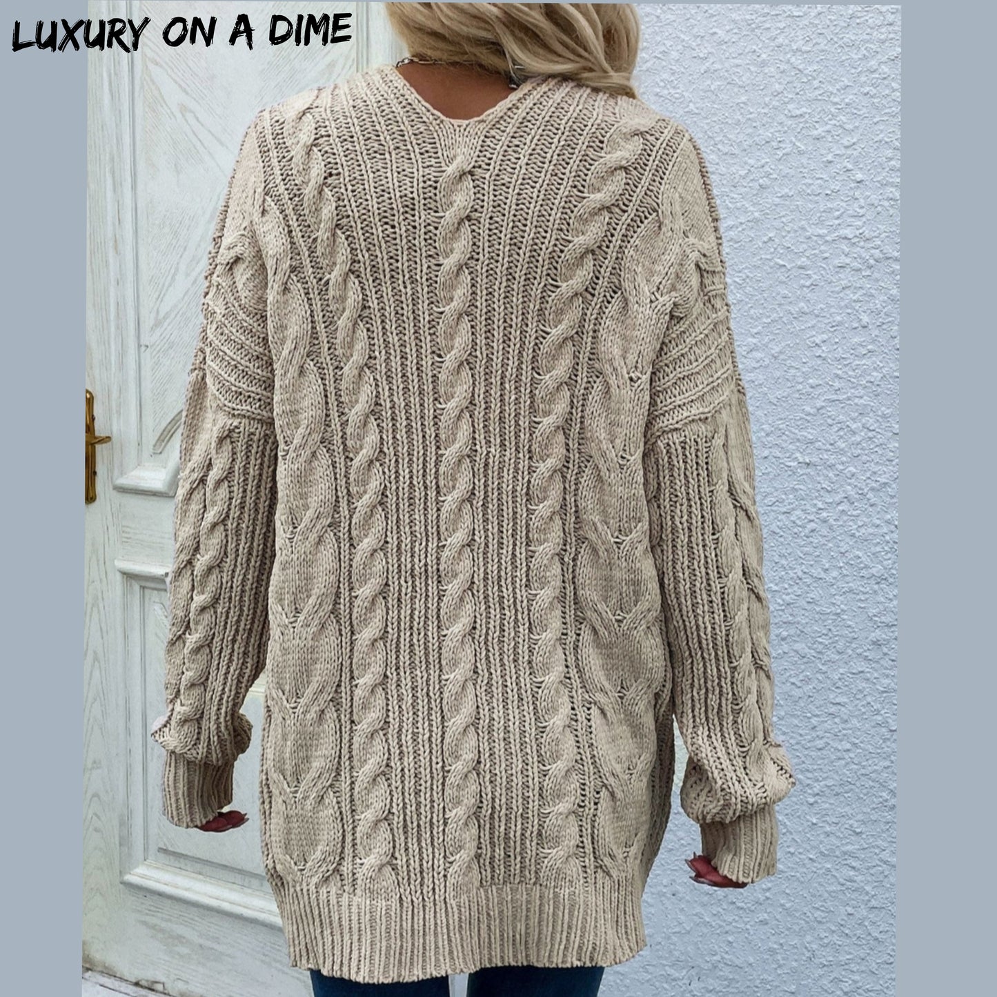 Cable-Knit Long Classic Open Front Pocket Fall Winter Boho Cardigan