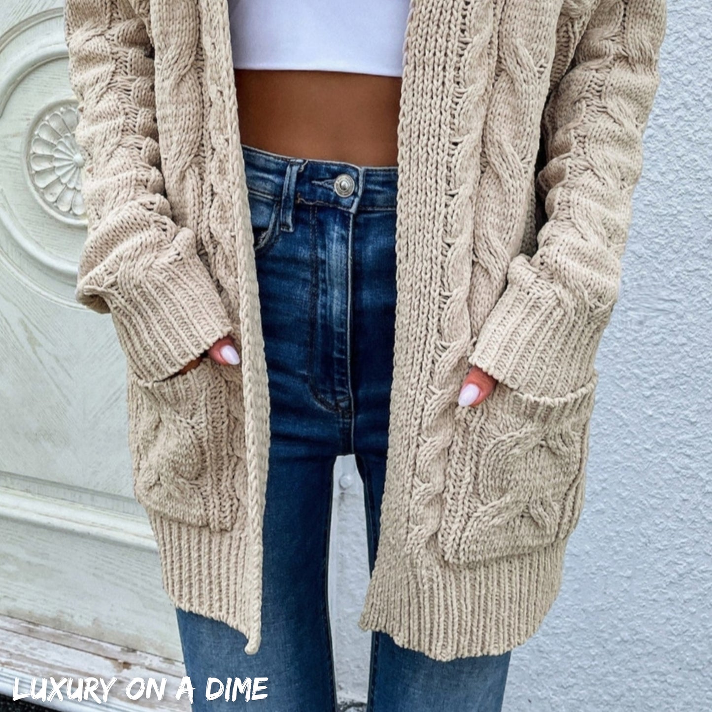 Cable-Knit Long Classic Open Front Pocket Fall Winter Boho Cardigan