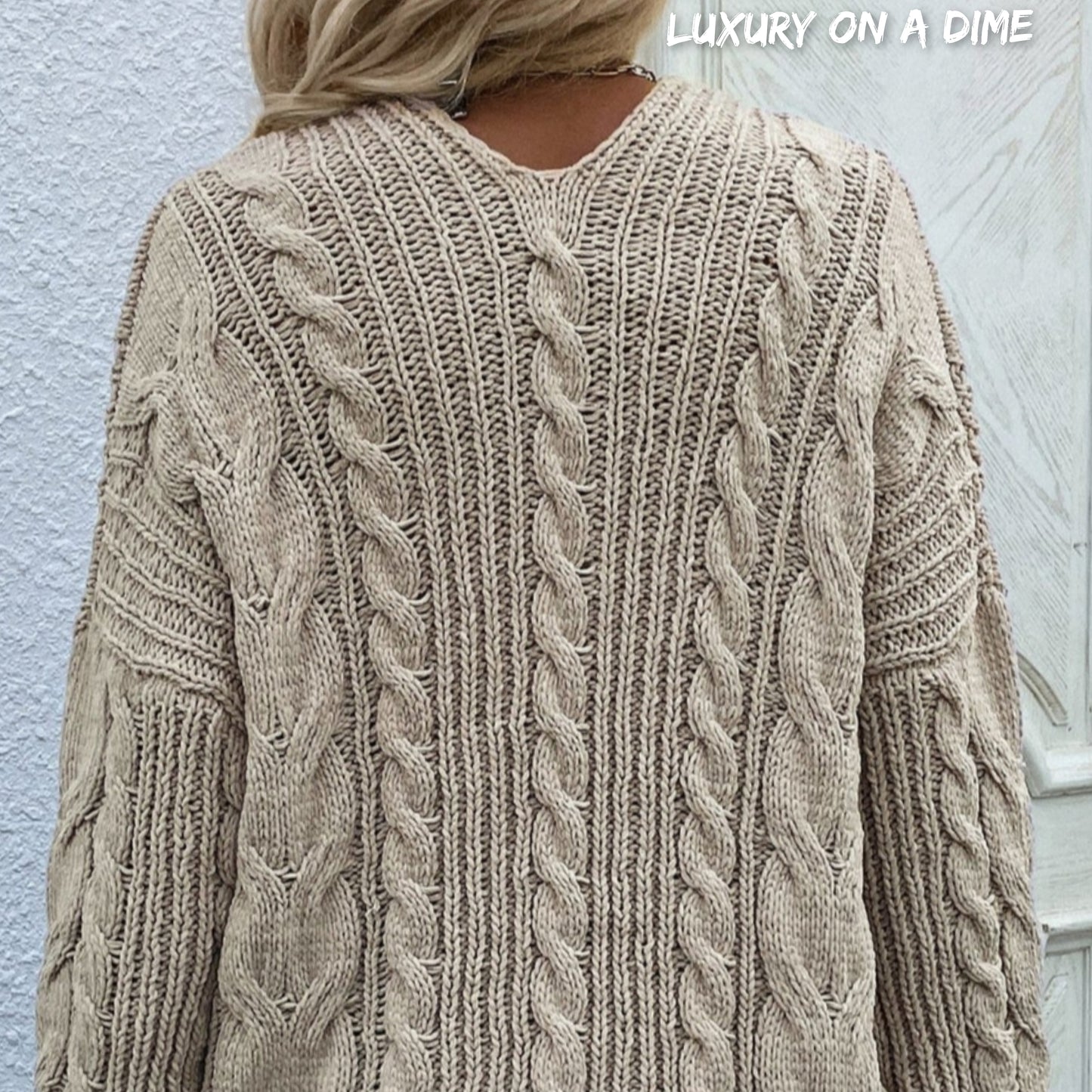 Cable-Knit Long Classic Open Front Pocket Fall Winter Boho Cardigan