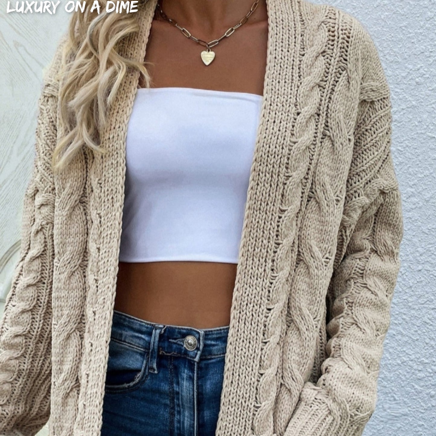 Cable-Knit Long Classic Open Front Pocket Fall Winter Boho Cardigan