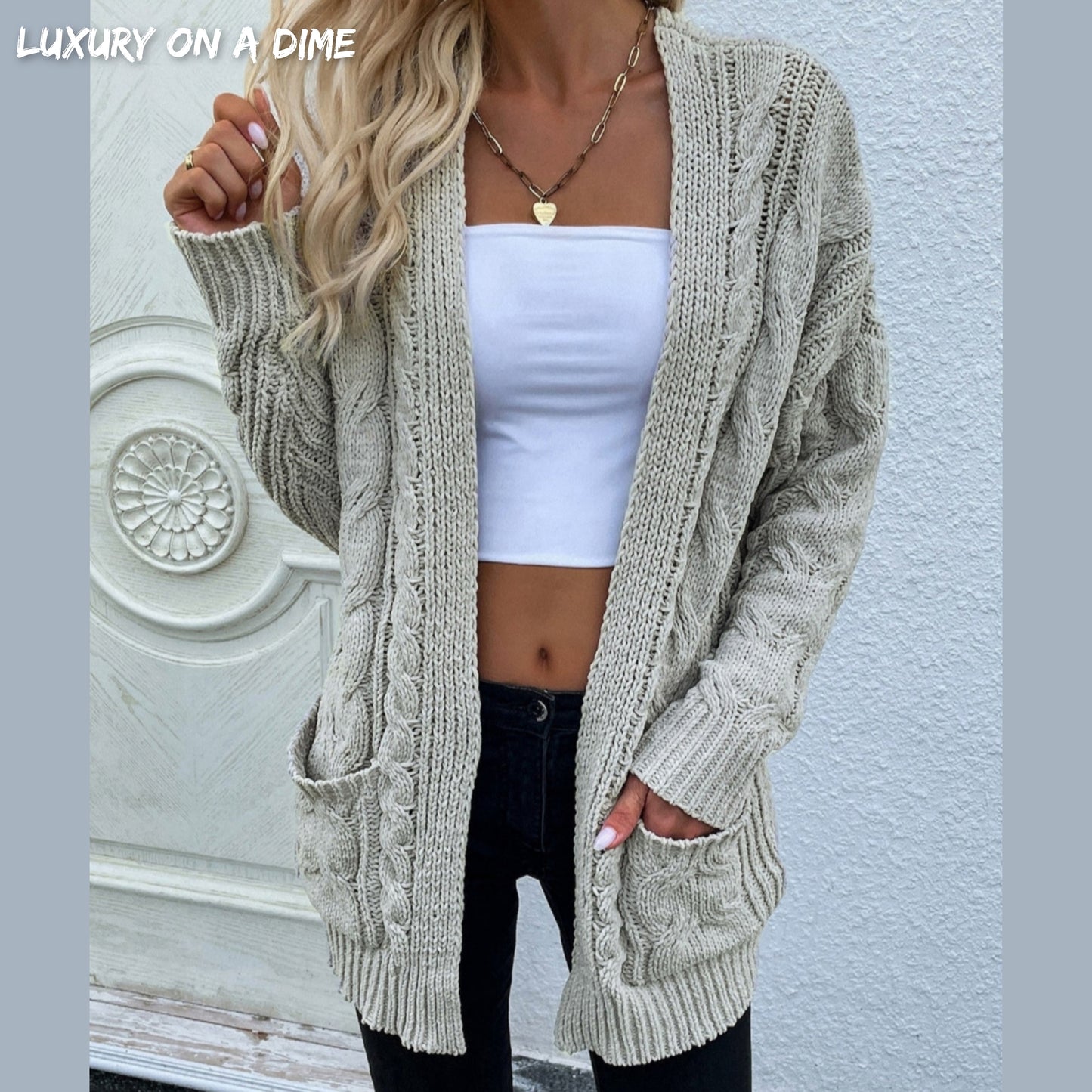 Cable-Knit Long Classic Open Front Pocket Fall Winter Boho Cardigan