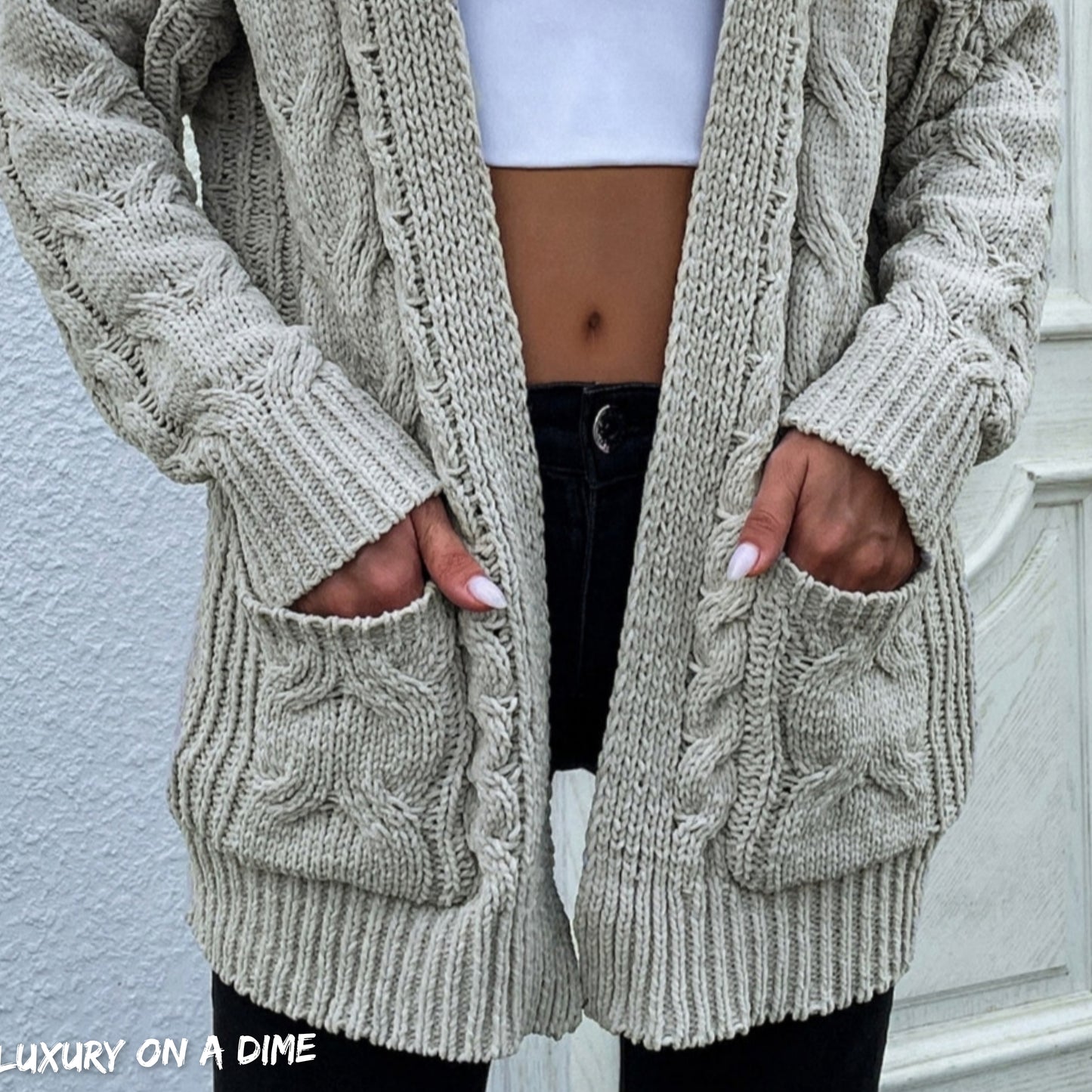 Cable-Knit Long Classic Open Front Pocket Fall Winter Boho Cardigan