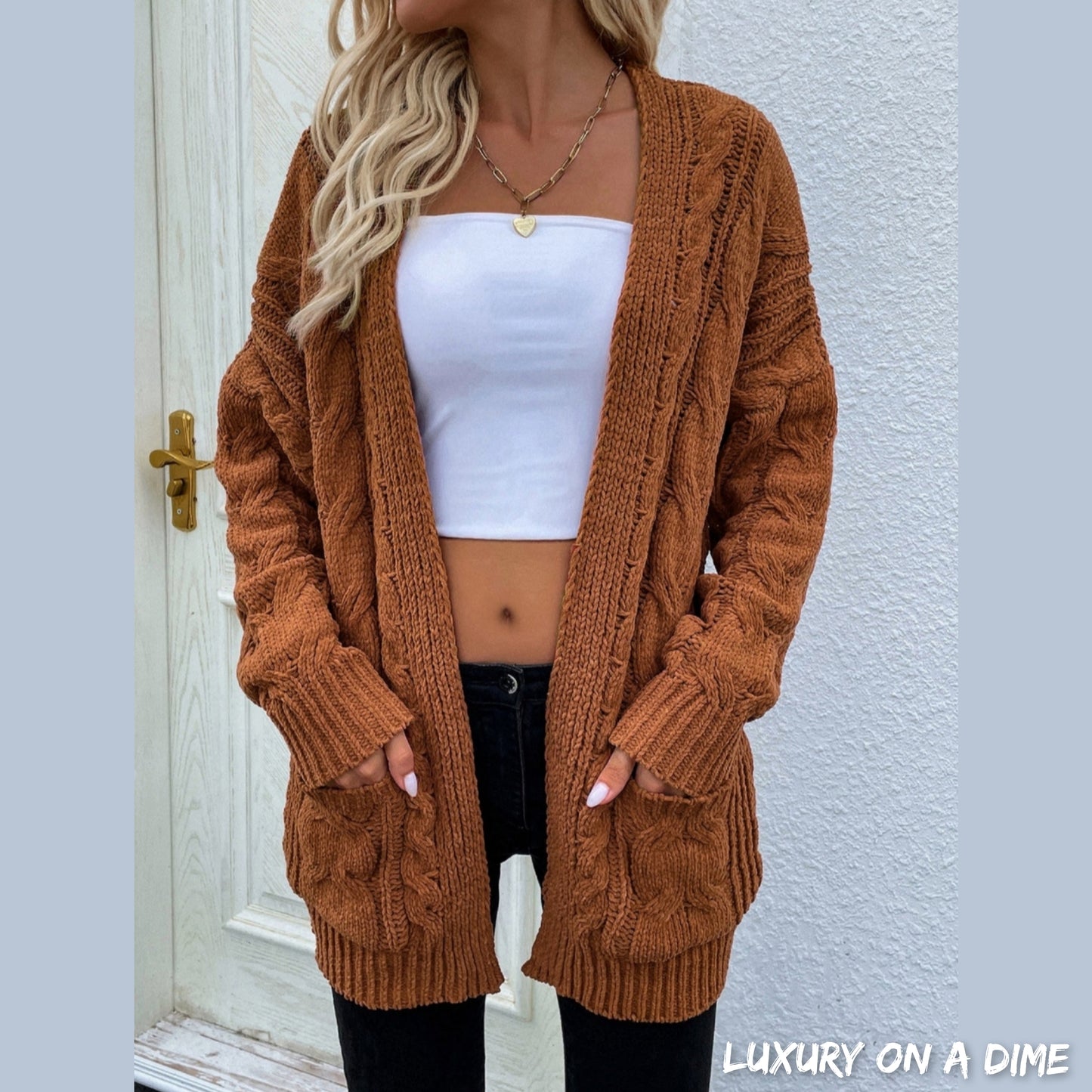 Cable-Knit Long Classic Open Front Pocket Fall Winter Boho Cardigan