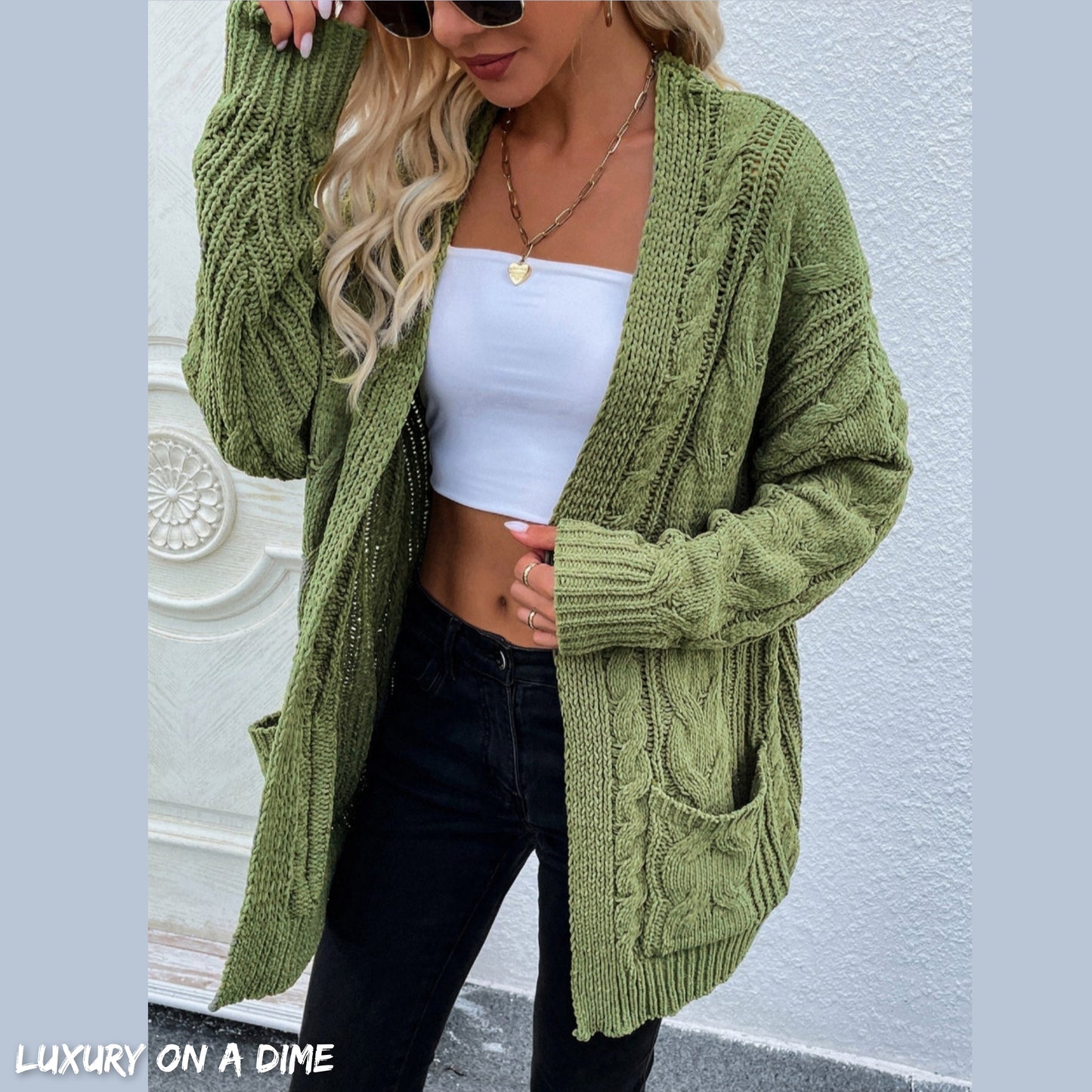 Cable-Knit Long Classic Open Front Pocket Fall Winter Boho Cardigan