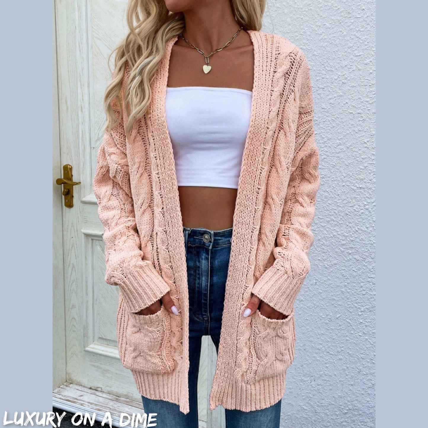 Cable-Knit Long Classic Open Front Pocket Fall Winter Boho Cardigan