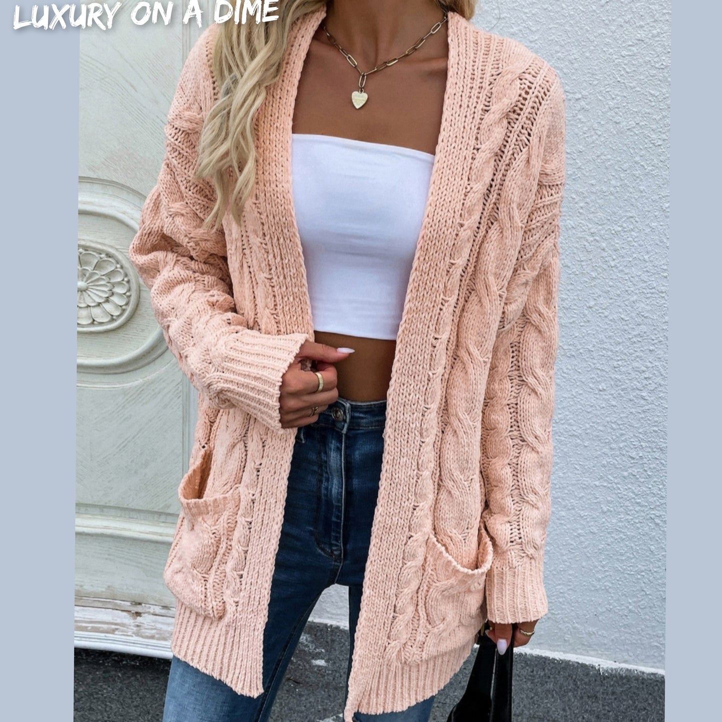 Cable-Knit Long Classic Open Front Pocket Fall Winter Boho Cardigan