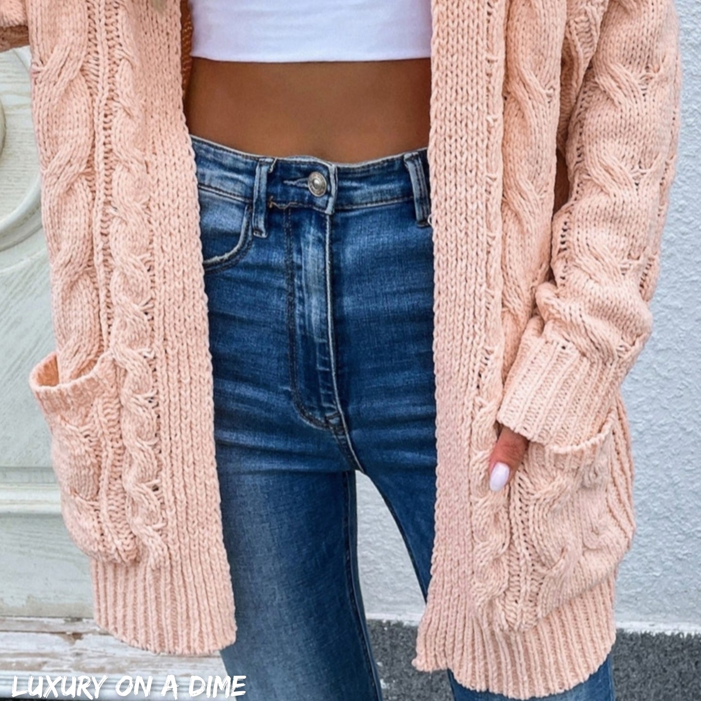 Cable-Knit Long Classic Open Front Pocket Fall Winter Boho Cardigan