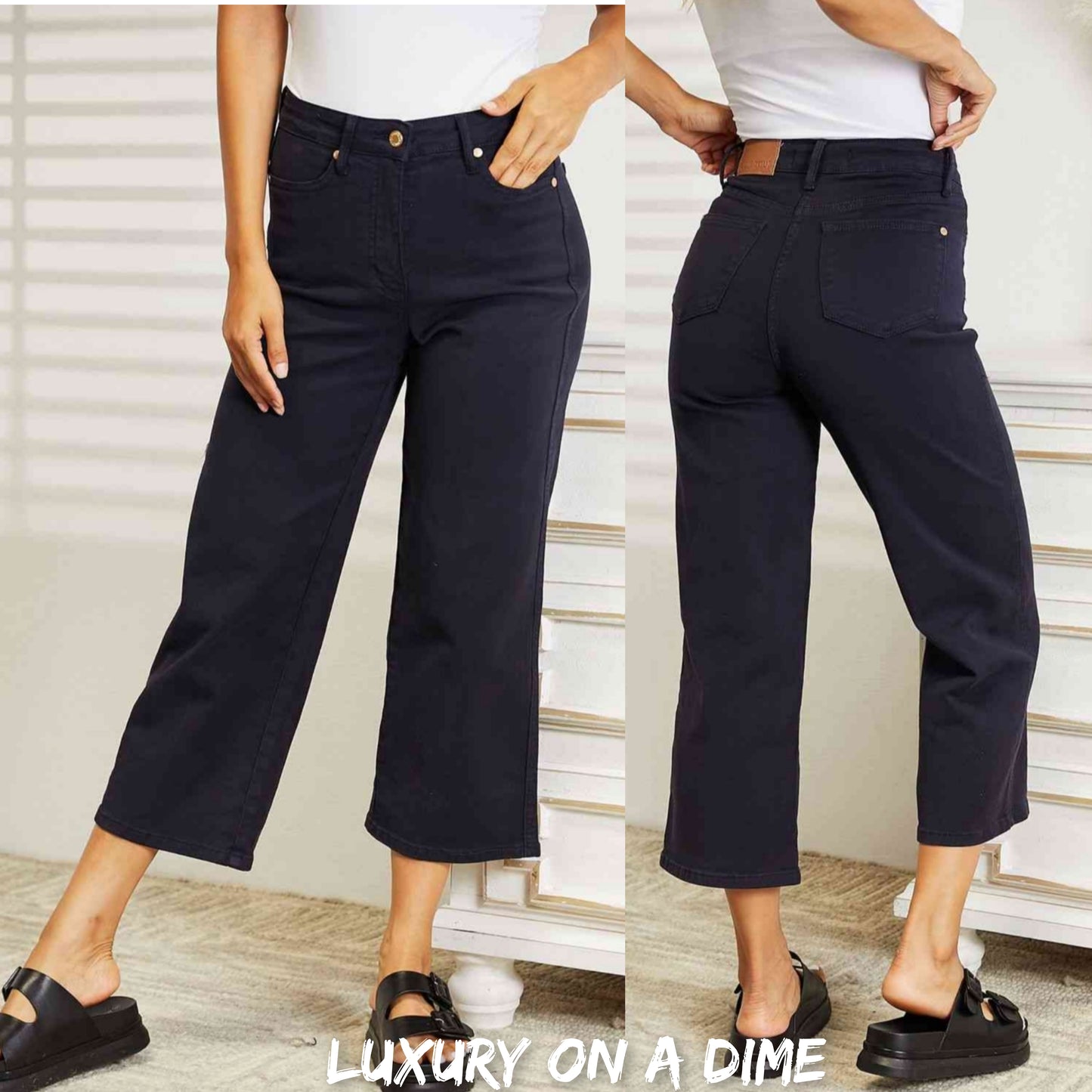 Tummy Control High Waist Navy Demim Jean Judy Blue Cropped Pants