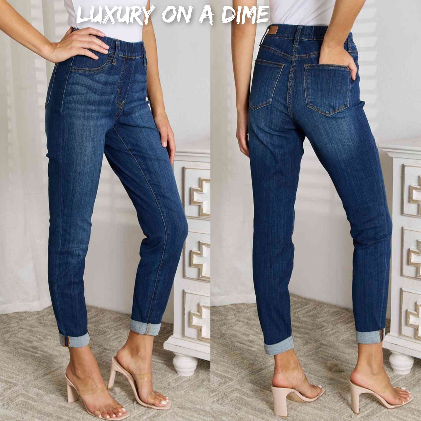 Skinny Ankle Cuffed Pants Cropped Dark Whisker Wash Stretch Denim Judy Blue Jeans