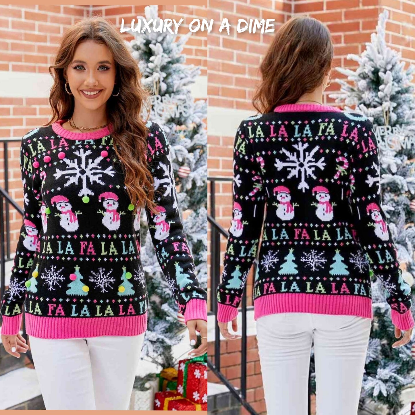 Neon Snowman Festive Puff Ball Christmas Holiday Long Sleeve Winter Sweater