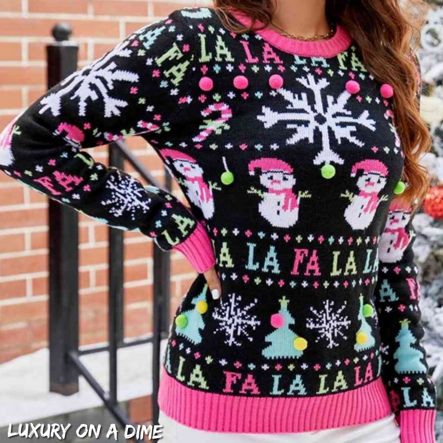 Neon Snowman Festive Puff Ball Christmas Holiday Long Sleeve Winter Sweater