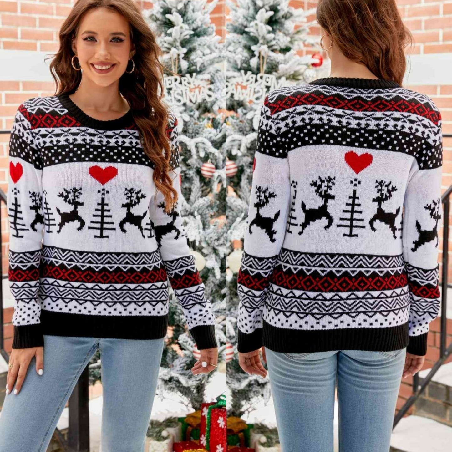 Reindeer Heart Knit Round Neck Winter Holiday Long Sleeve Christmas Sweater