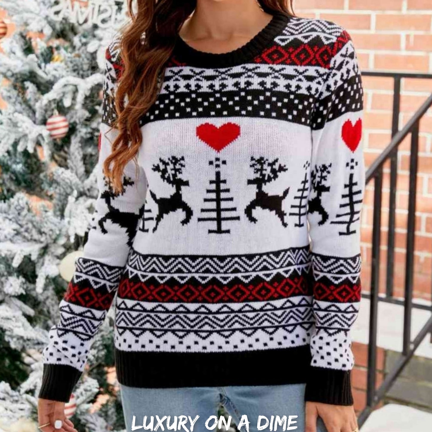 Reindeer Heart Knit Round Neck Winter Holiday Long Sleeve Christmas Sweater