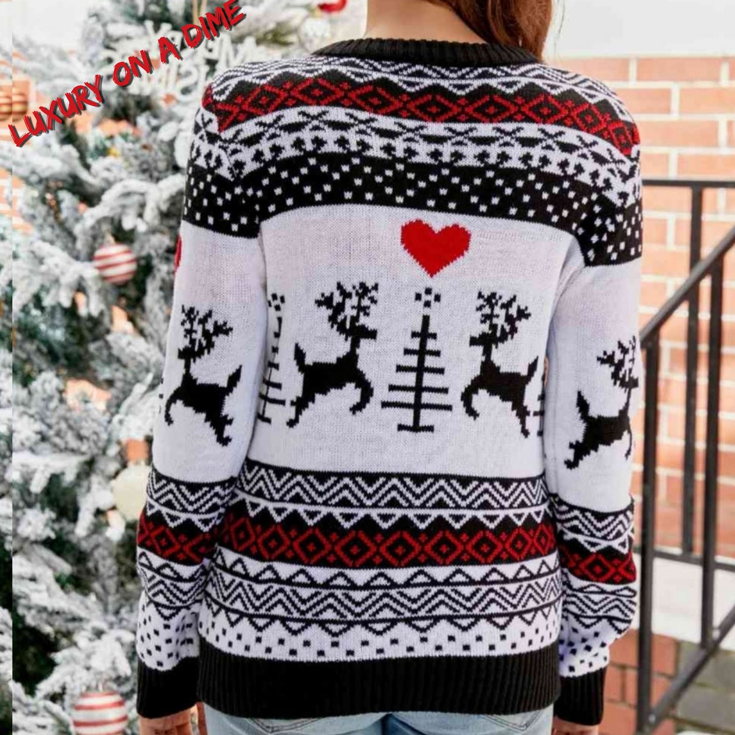 Reindeer Heart Knit Round Neck Winter Holiday Long Sleeve Christmas Sweater