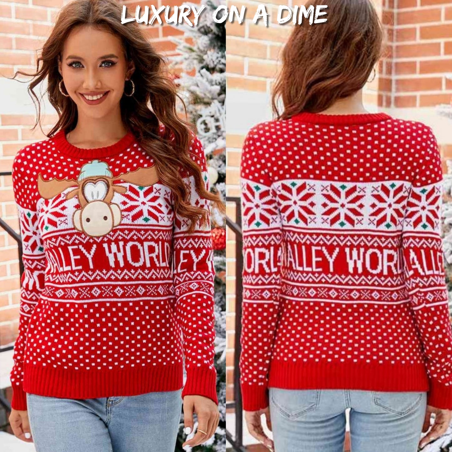 WALLY WORLD Knit Christmas Round Neck Embroidered Moose Sweater