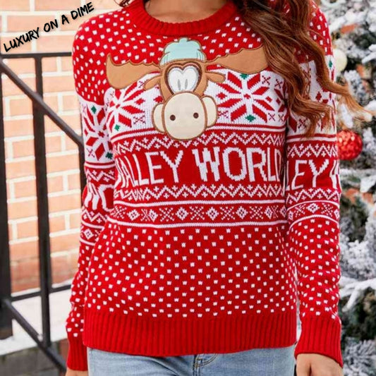 WALLY WORLD Knit Christmas Round Neck Embroidered Moose Sweater