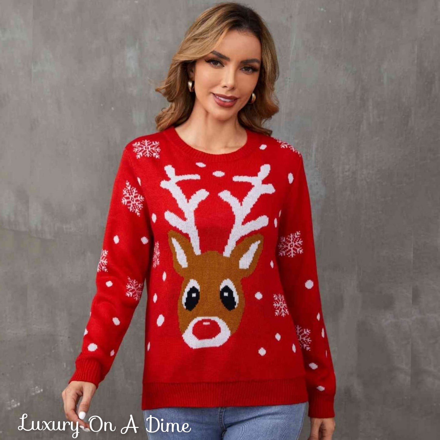 Rudolph Reindeer Round Neck Winter Holiday Long Sleeve Christmas Knit Sweater