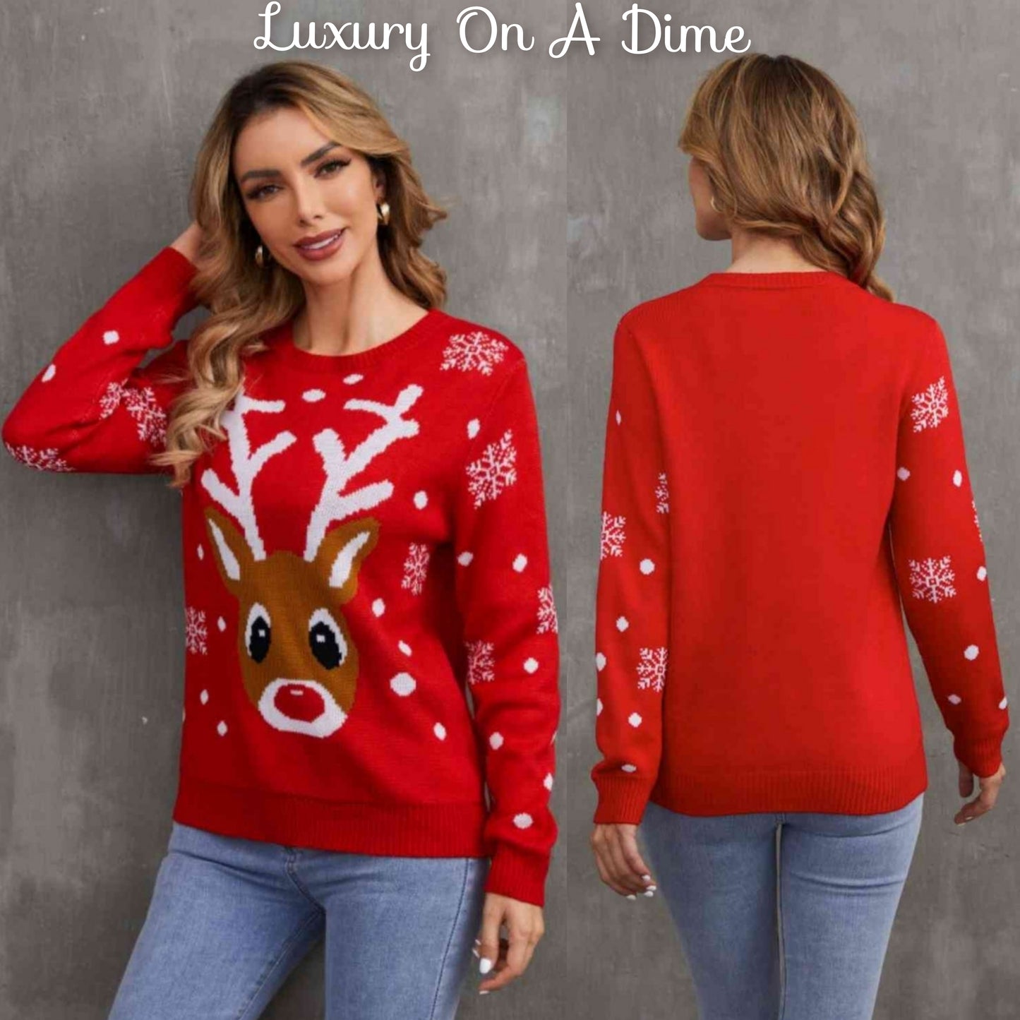 Rudolph Reindeer Round Neck Winter Holiday Long Sleeve Christmas Knit Sweater