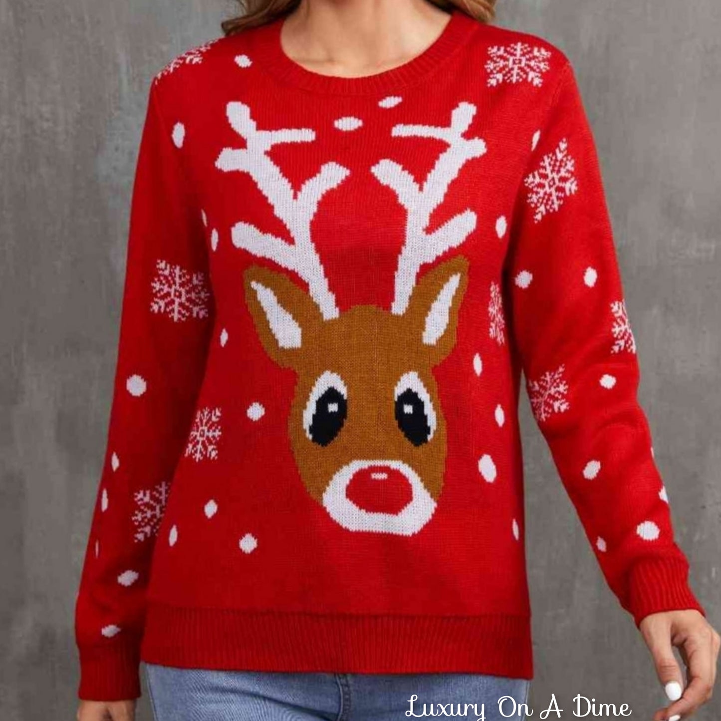 Rudolph Reindeer Round Neck Winter Holiday Long Sleeve Christmas Knit Sweater