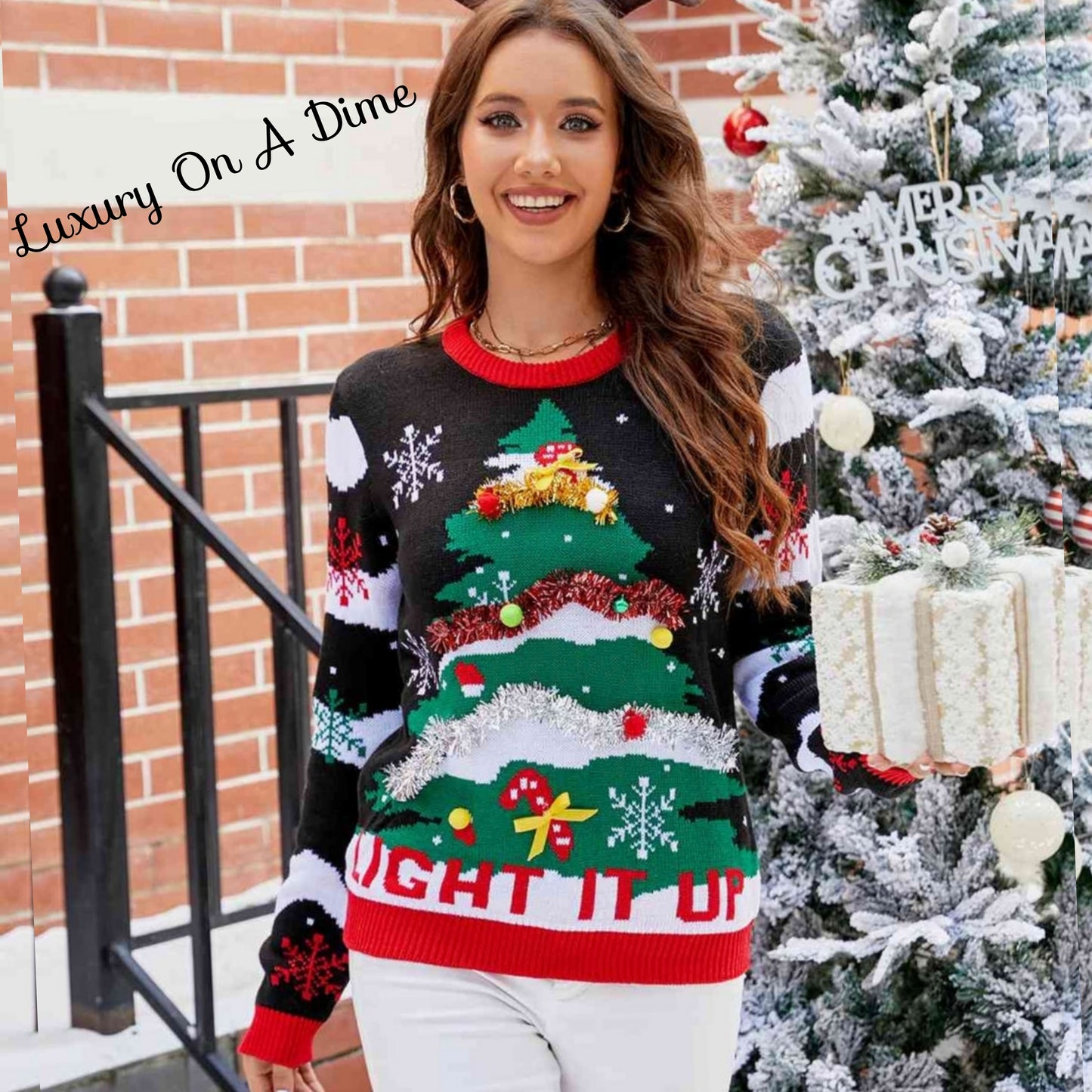 LIGHT IT UP Christmas Tree 3D Festive Puff Ball Holiday Winter Knit Sweater