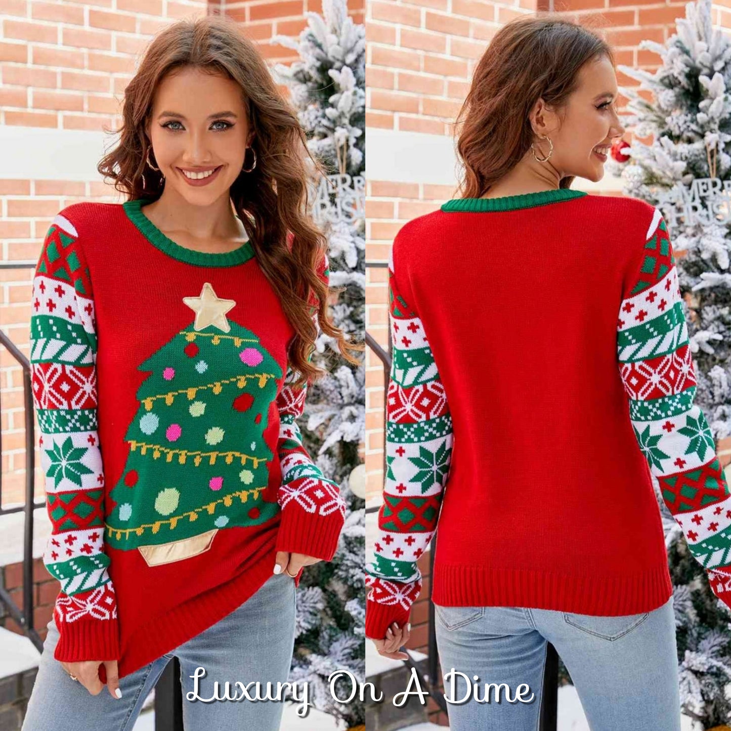 Knit Christmas Tree Graphic Embroidered Detail Round Neck Holiday Sweater