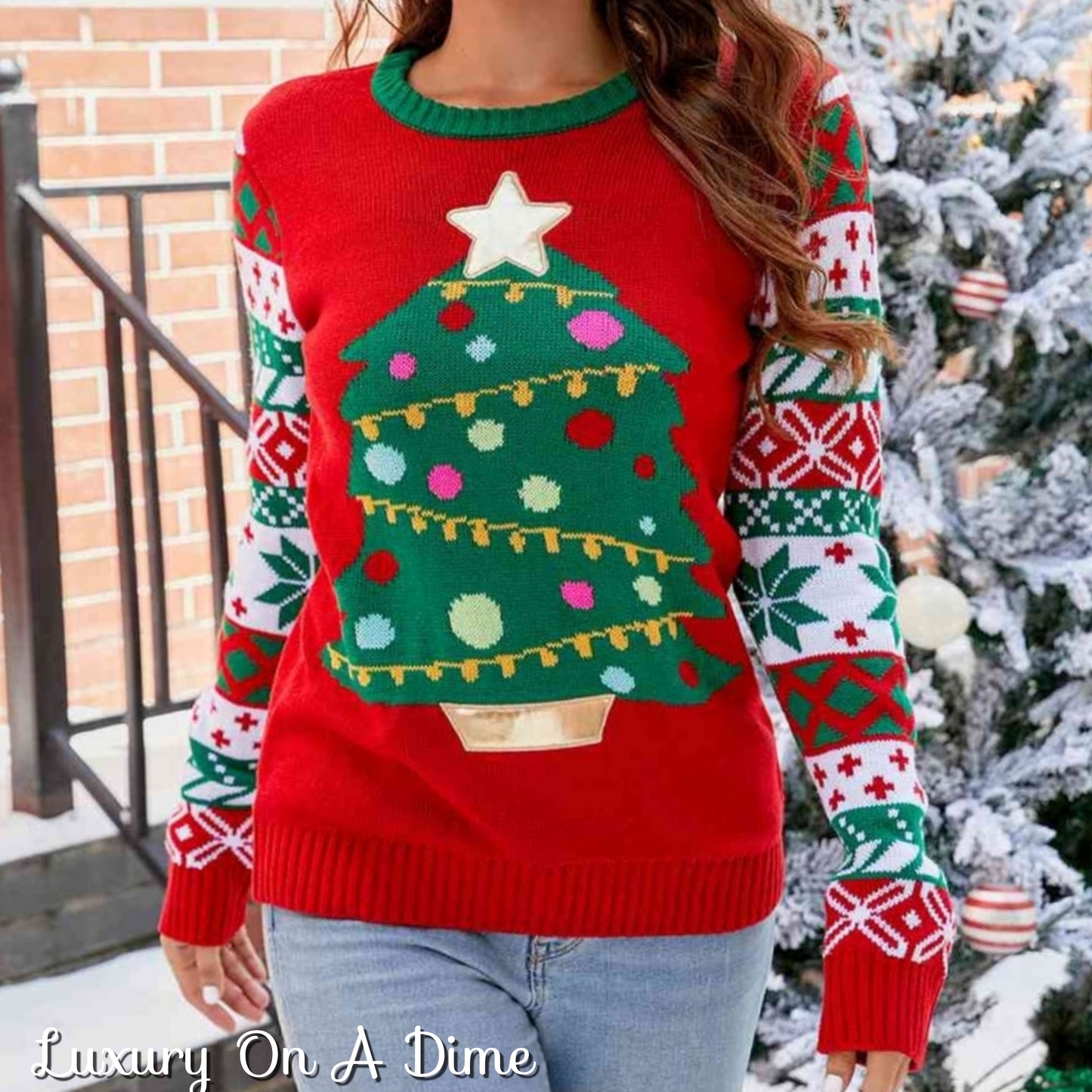Knit Christmas Tree Graphic Embroidered Detail Round Neck Holiday Sweater