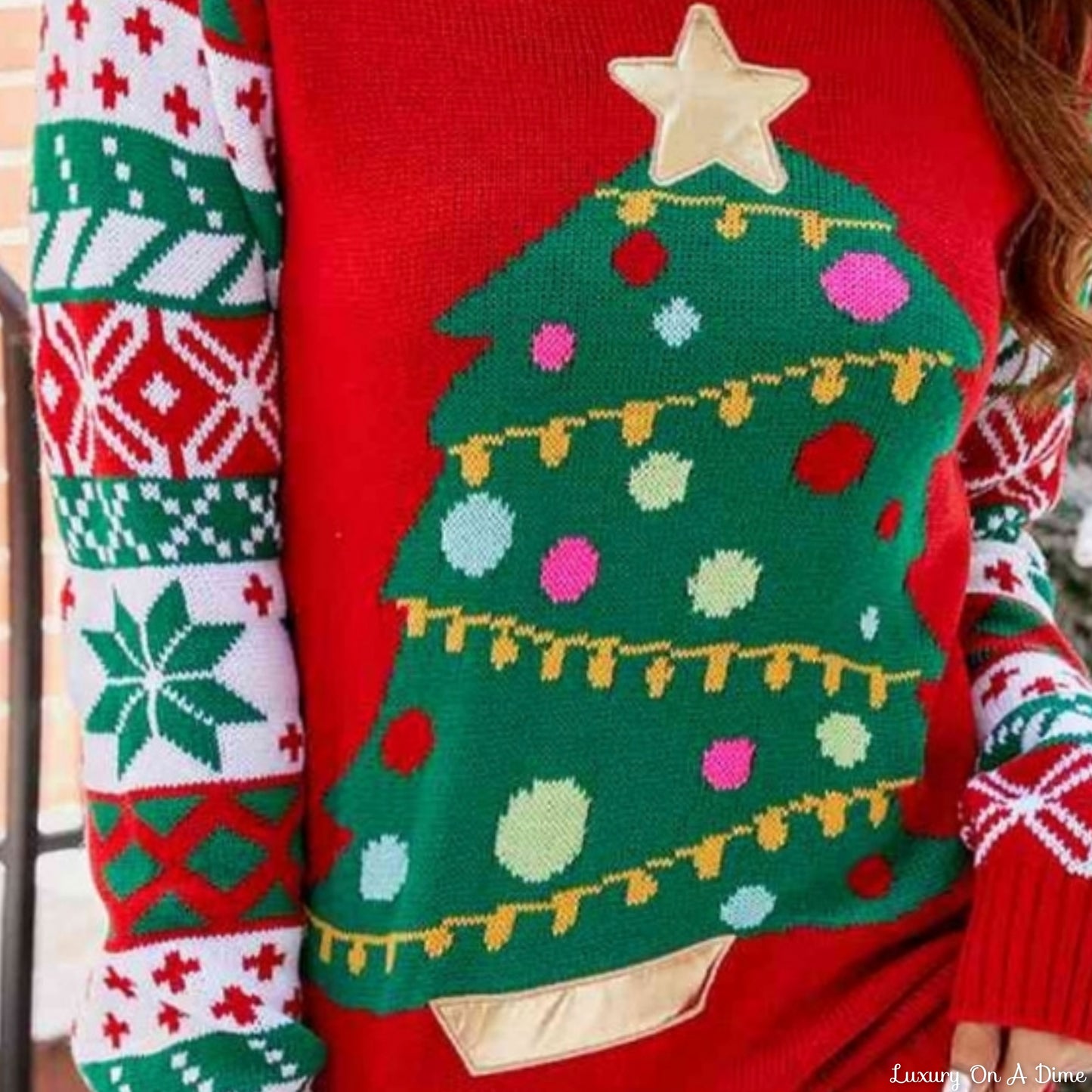 Knit Christmas Tree Graphic Embroidered Detail Round Neck Holiday Sweater