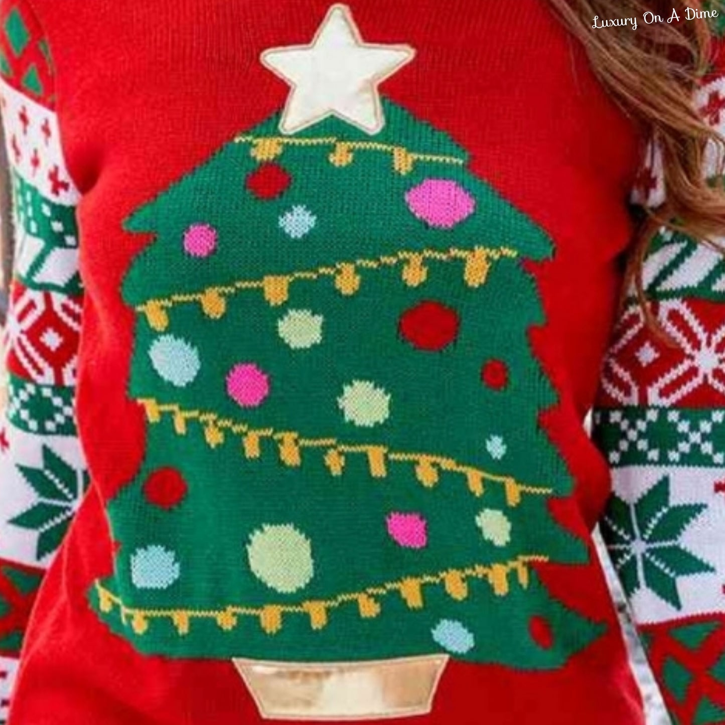 Knit Christmas Tree Graphic Embroidered Detail Round Neck Holiday Sweater