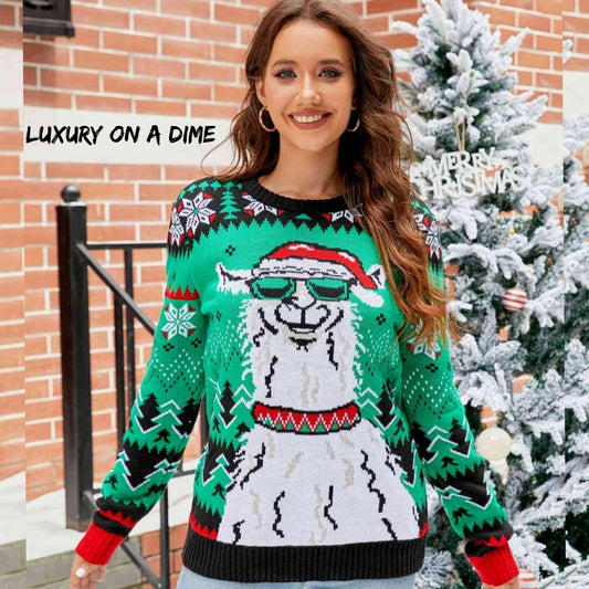 Llama Santa Festive Knit Print Round Neck Long Sleeve Holiday Sweater