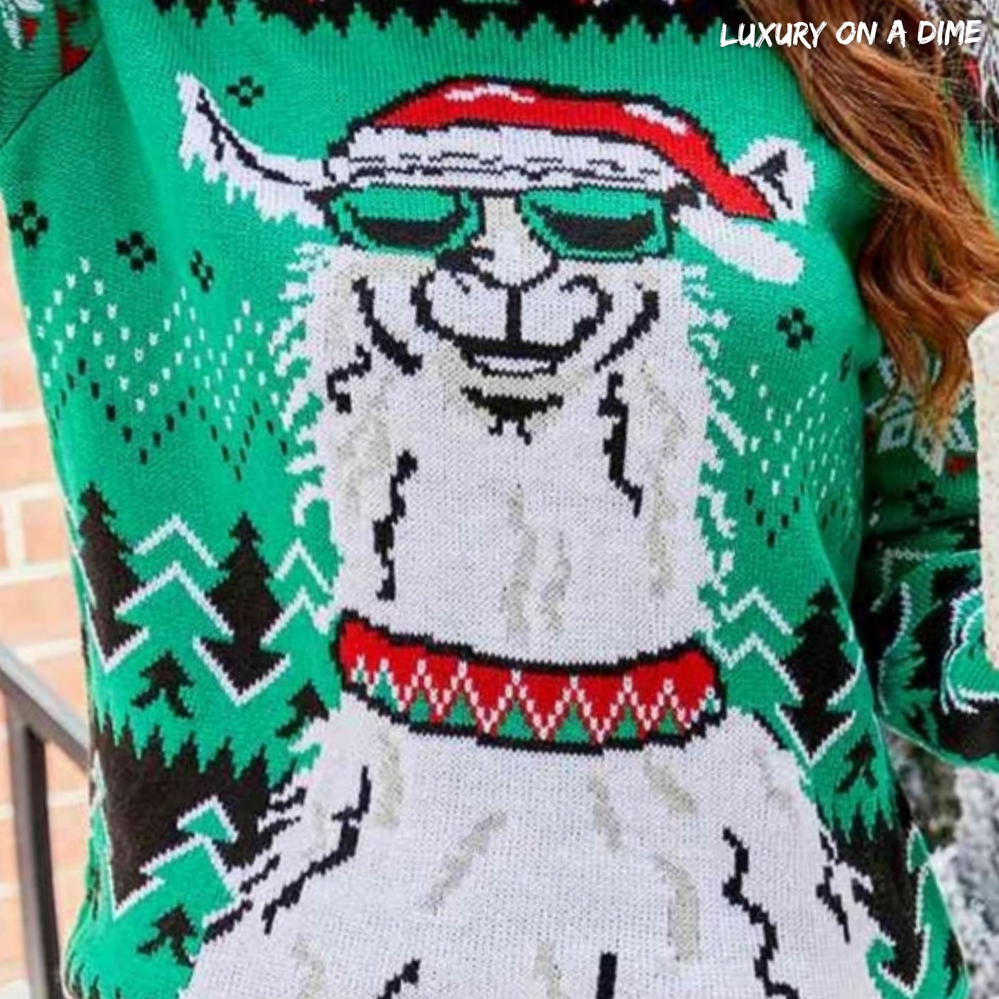 Llama Santa Festive Knit Print Round Neck Long Sleeve Holiday Sweater