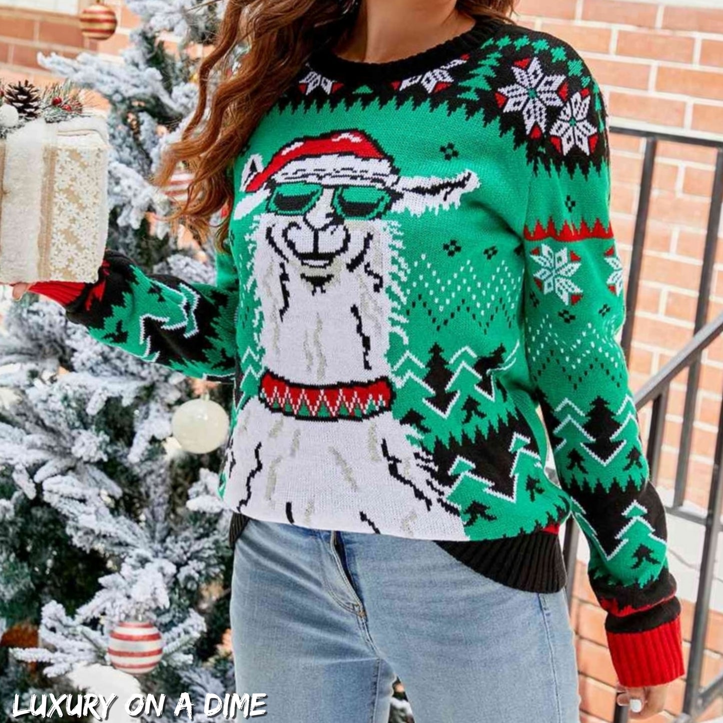 Llama Santa Festive Knit Print Round Neck Long Sleeve Holiday Sweater