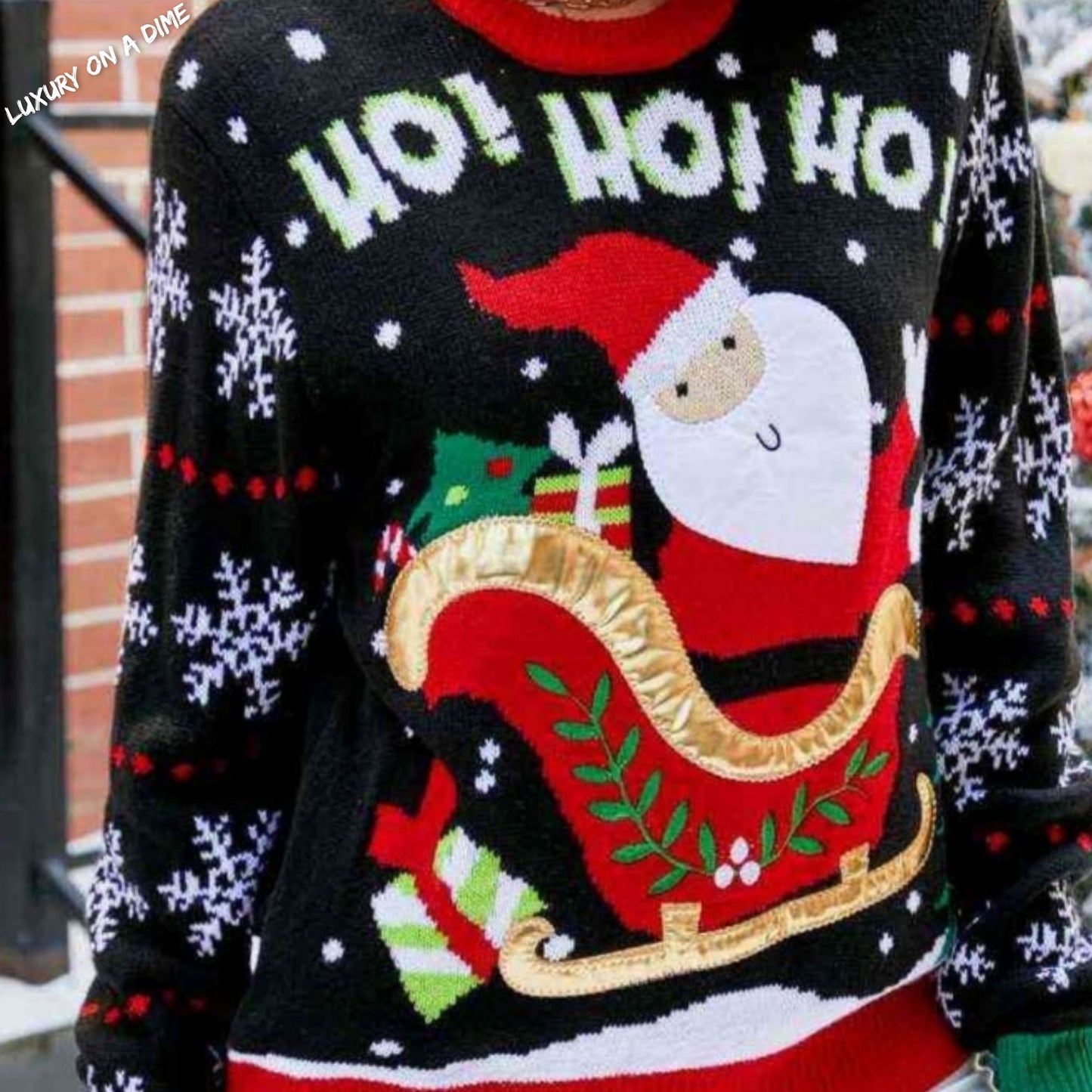 Knit Santa Claus Graphic Embroidered Sleigh Detail Holiday Christmas Sweater