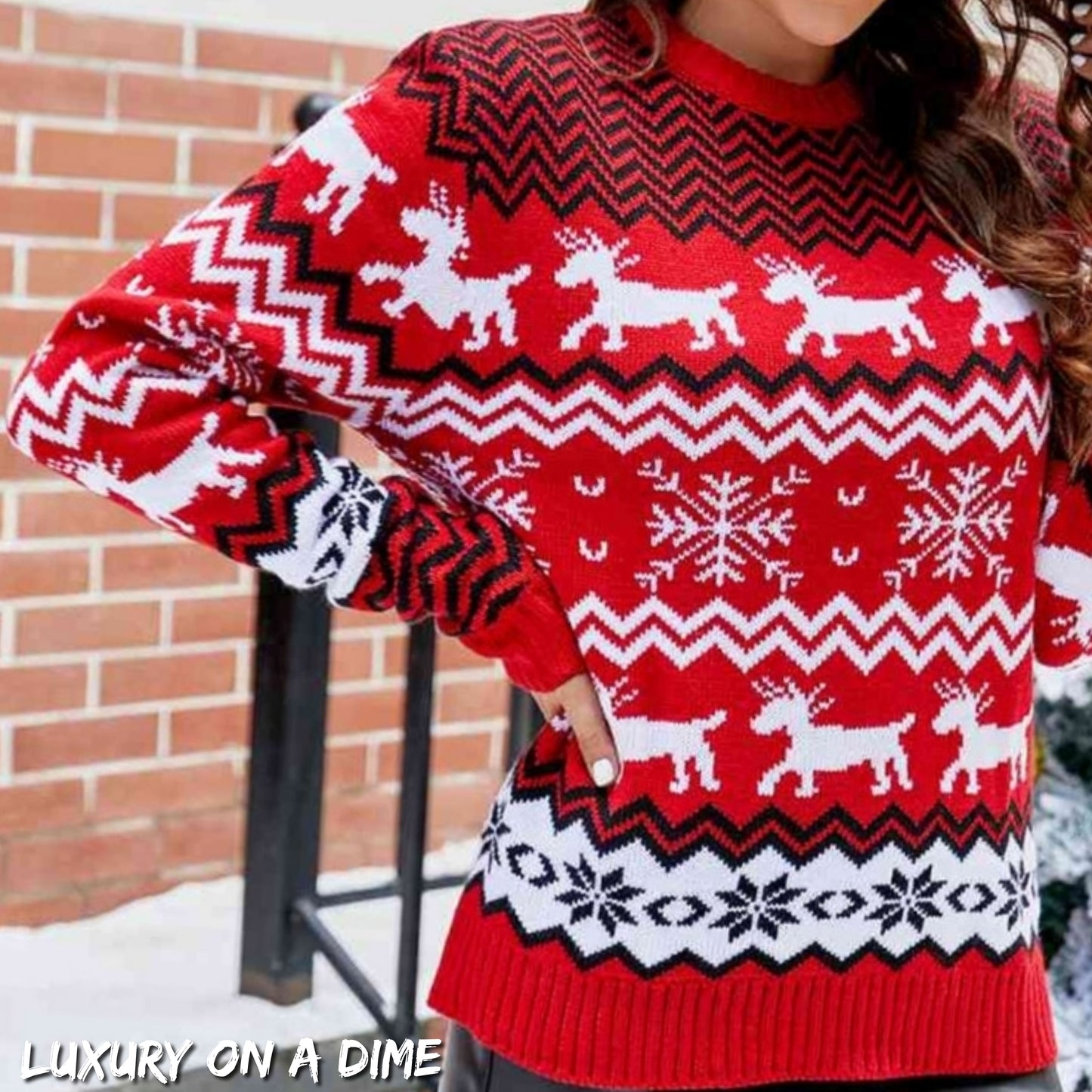 Knit Reindeer Snowflake Round Neck Winter Holiday Classic Long Sleeve Sweater