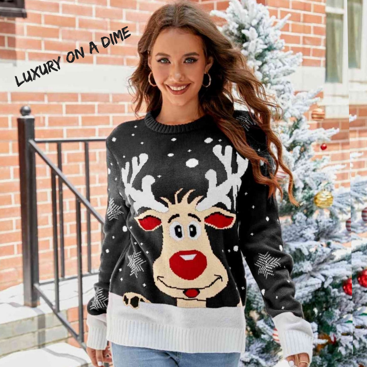 Rudolph Reindeer Winter Holiday Classic Long Sleeve Christmas Knit Sweater