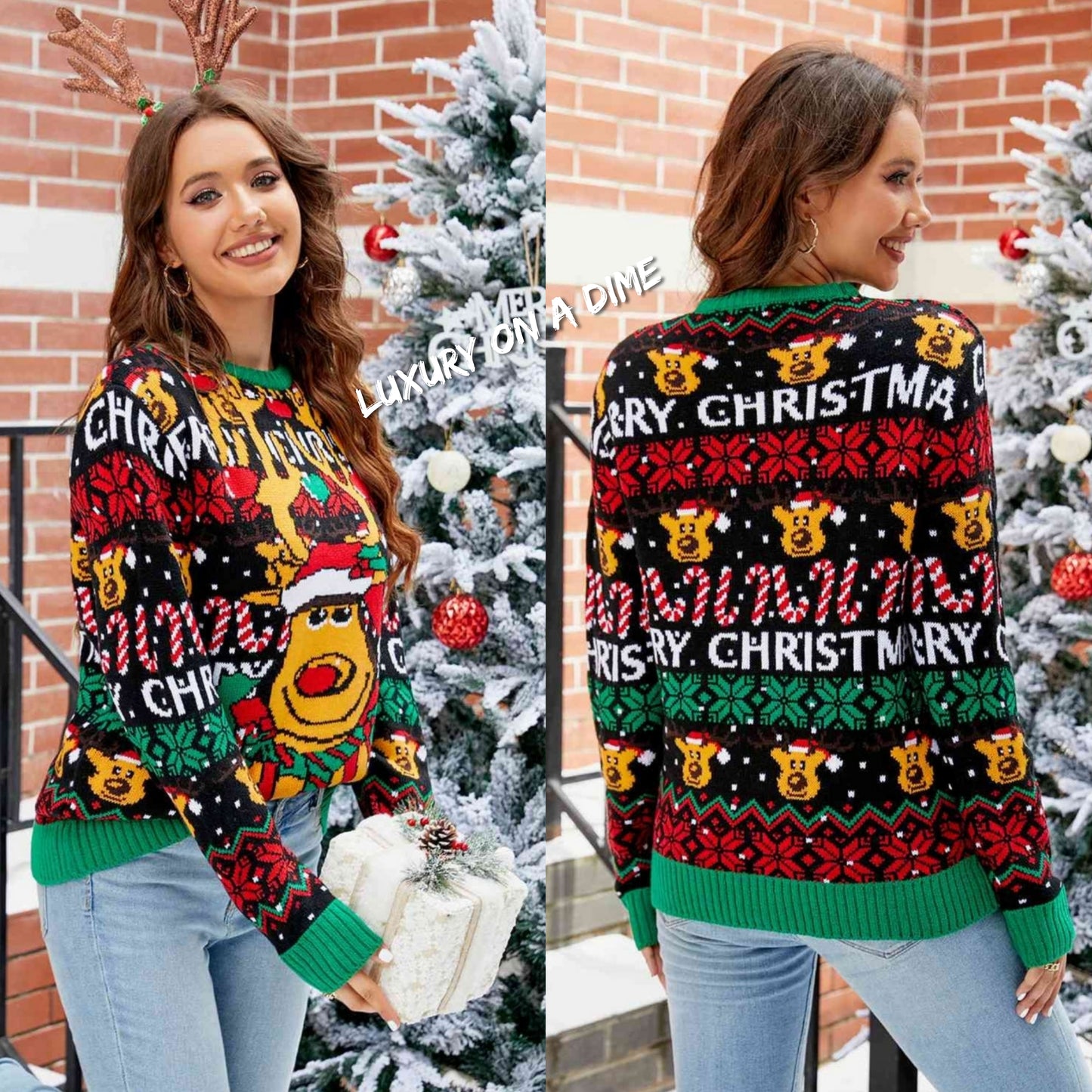 Merry Christmas Rudolph Reindeer Holiday Classic Long Sleeve Knit Sweater