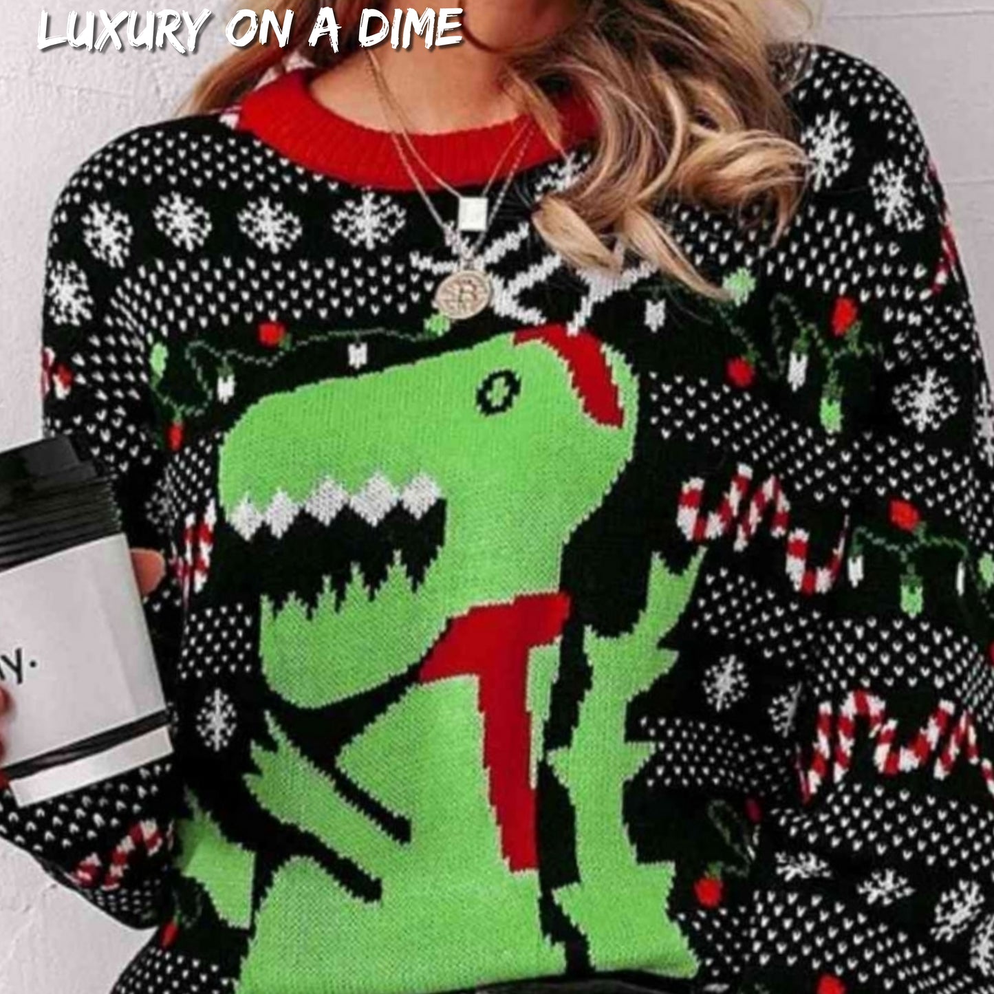 T-Rex Knit Dinosaur Holiday Christmas Light Fun Long Sleeve Sweater
