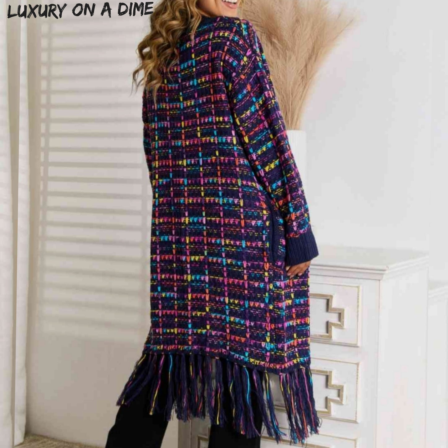 Bold Retro Knit Colorful Fringe Hem Longline Duster Sweater Pocket Cardigan