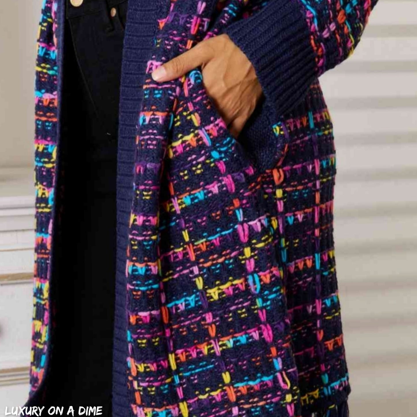 Bold Retro Knit Colorful Fringe Hem Longline Duster Sweater Pocket Cardigan