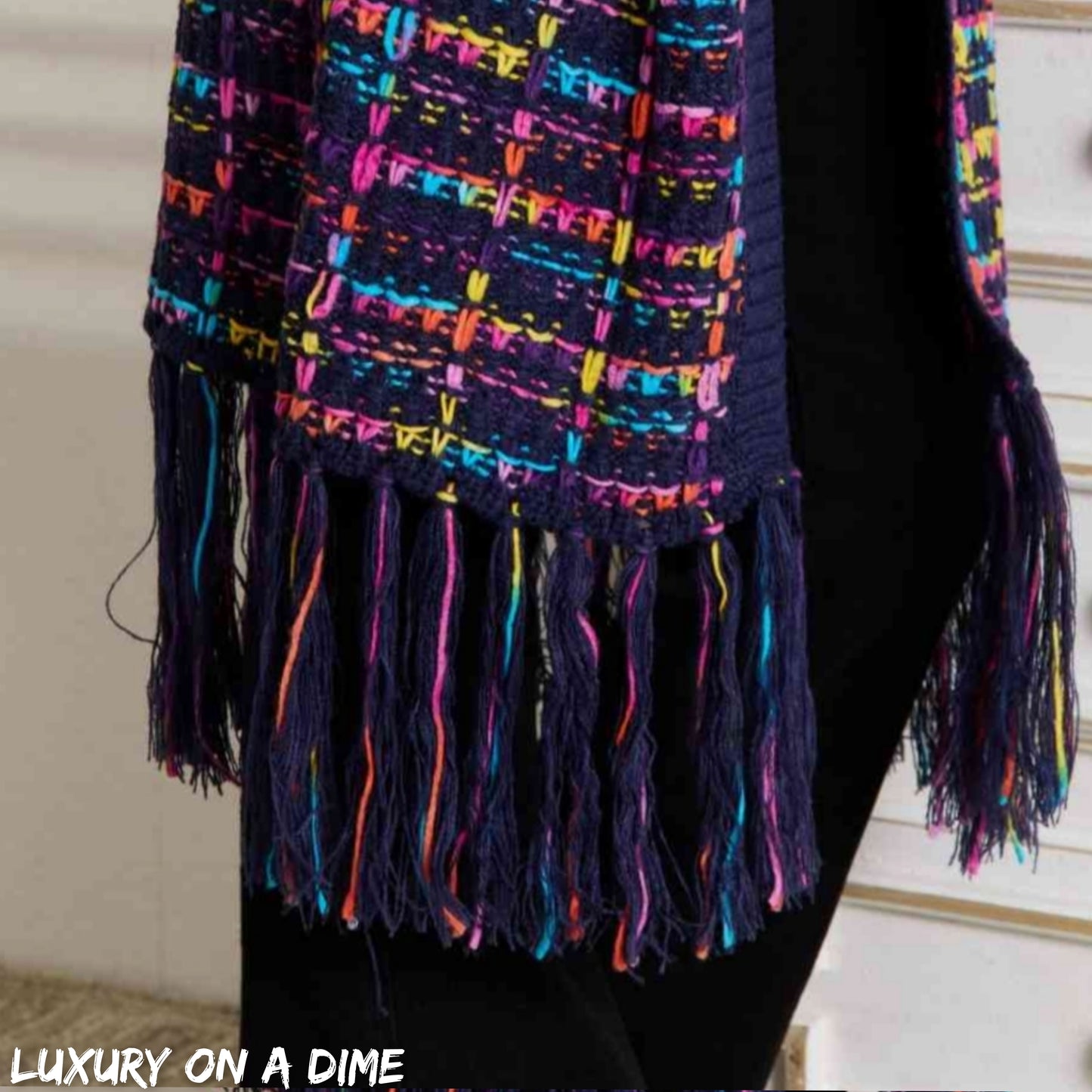 Bold Retro Knit Colorful Fringe Hem Longline Duster Sweater Pocket Cardigan