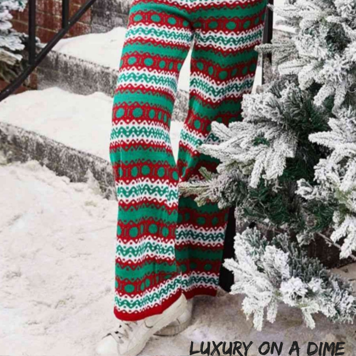 Knit High Waist Bib One-piece Pant Overall Geometric Fair Isle Jumpsuit