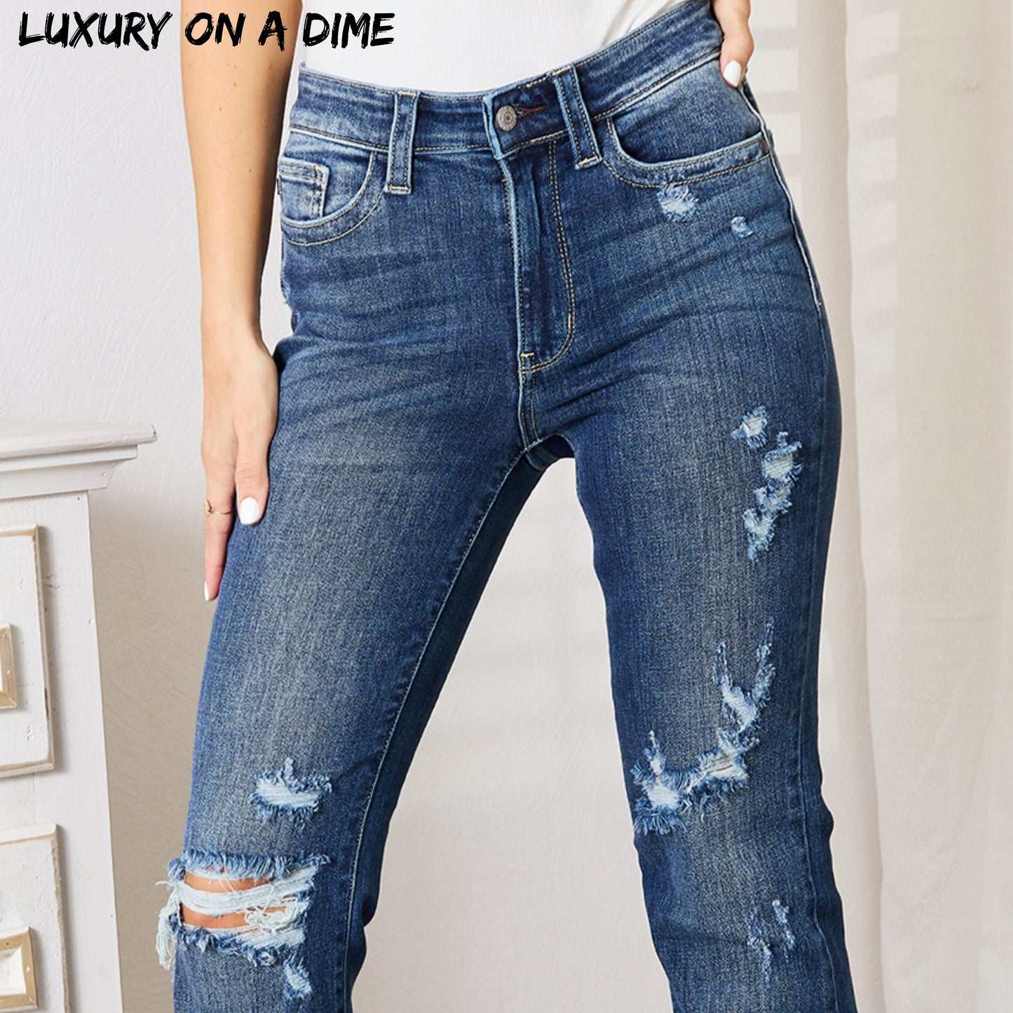 Mid-rise Distressed Ripped Jeans Hand Sand Destroy Boot Cut Pants Judy Blue