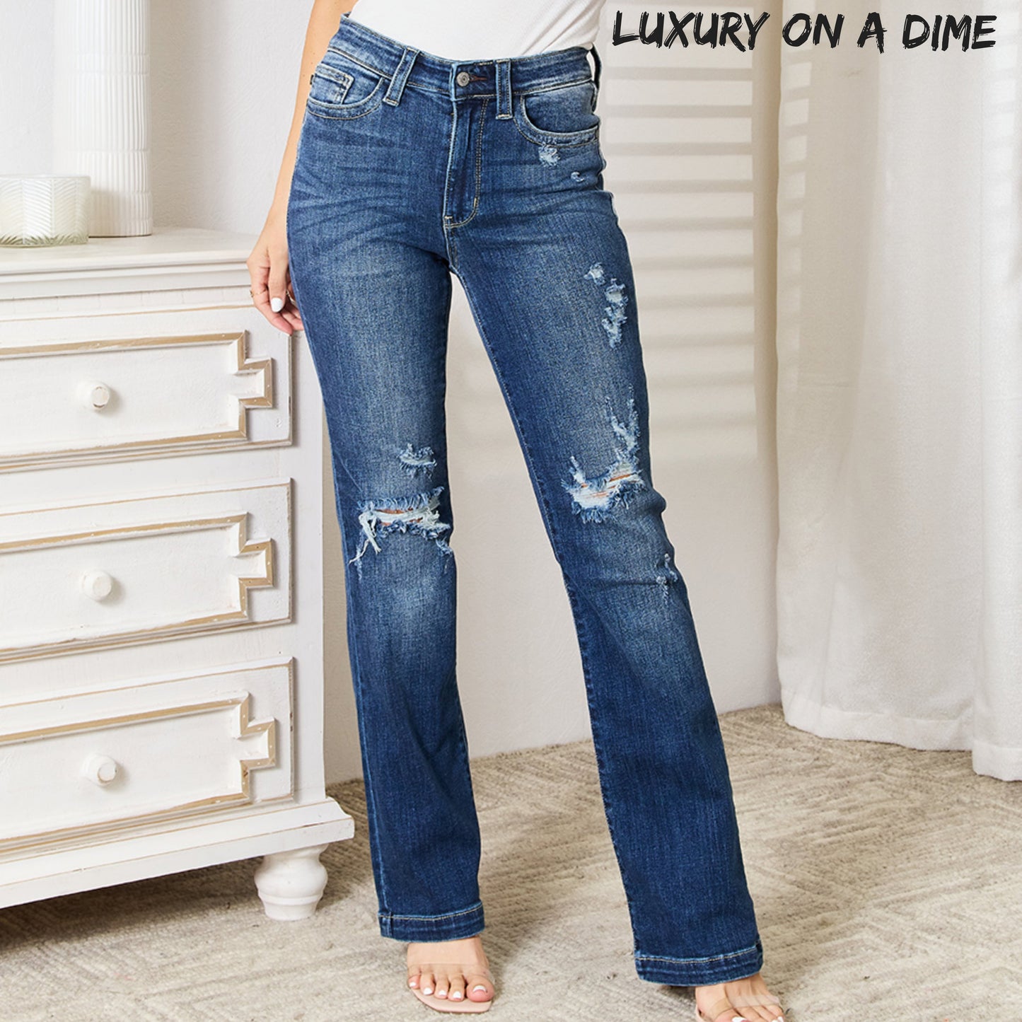 Mid-rise Distressed Ripped Jeans Hand Sand Destroy Boot Cut Pants Judy Blue