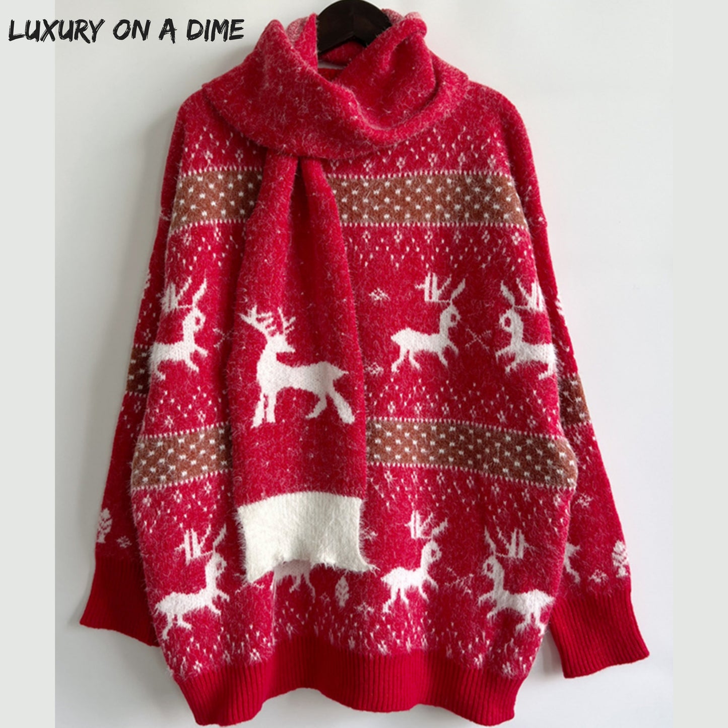 2-Piece Reindeer Fuzzy Soft Knit Sweater Scarf Match Set Holiday Winter Pullover