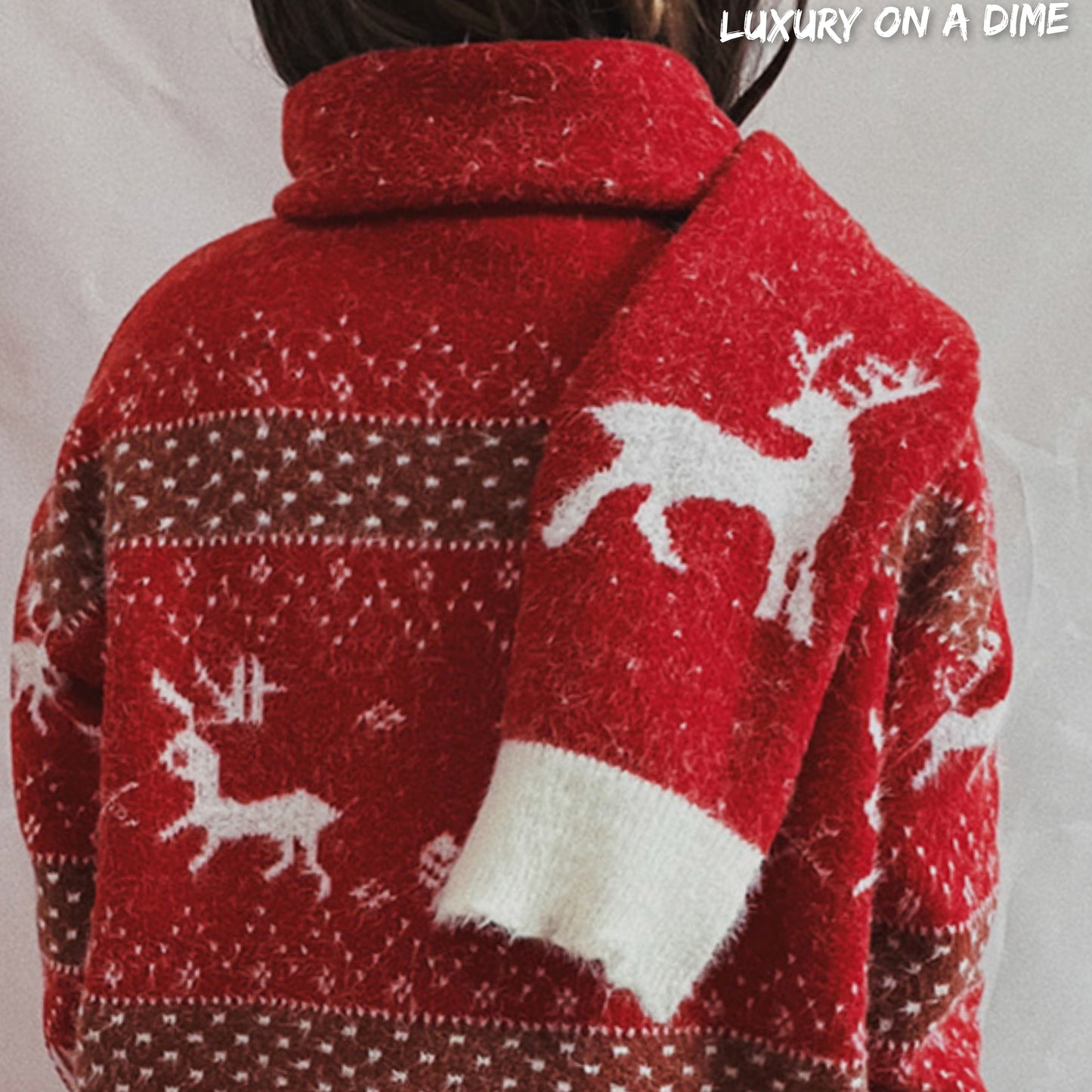 2-Piece Reindeer Fuzzy Soft Knit Sweater Scarf Match Set Holiday Winter Pullover