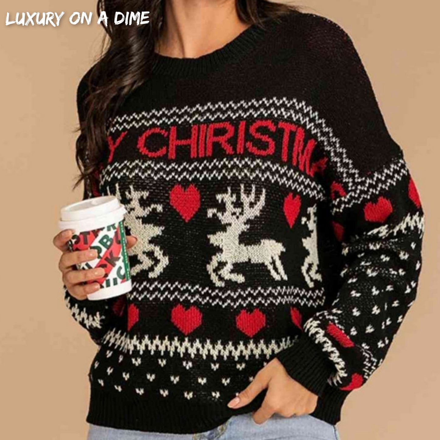 Reindeer Heart Knit Round Neck Holiday Long Sleeve Fair Isle Christmas Sweater