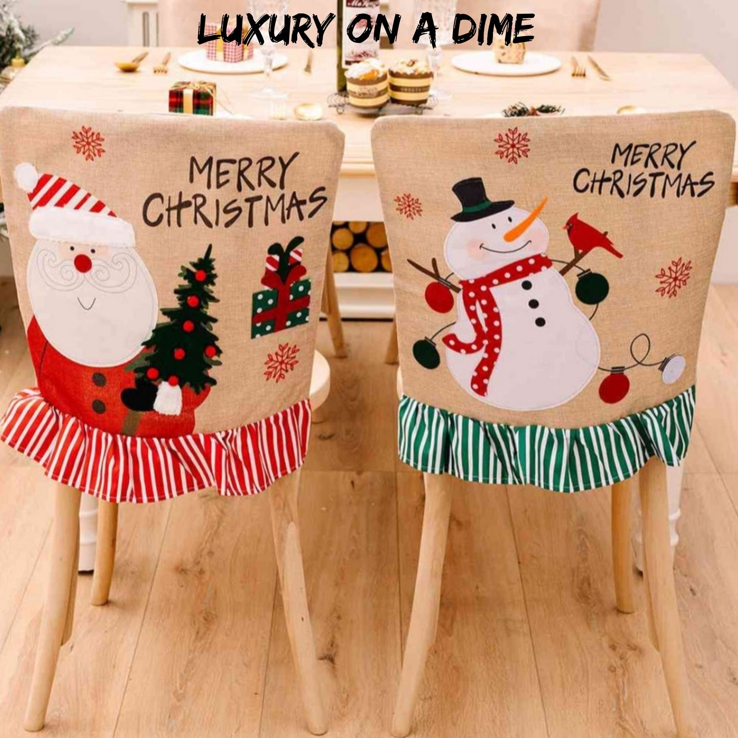 Merry Christmas Santa Snowman Festive Farmhouse Chair Slip Cover Home Decor