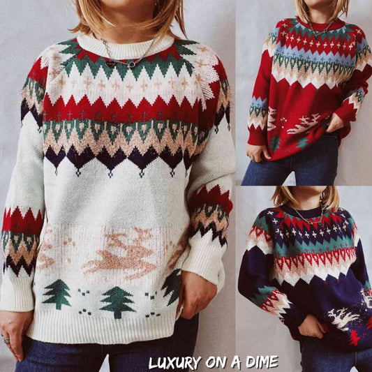 Reindeer Bold Knit Round Neck Classy Holiday Fair Isle Christmas Sweater