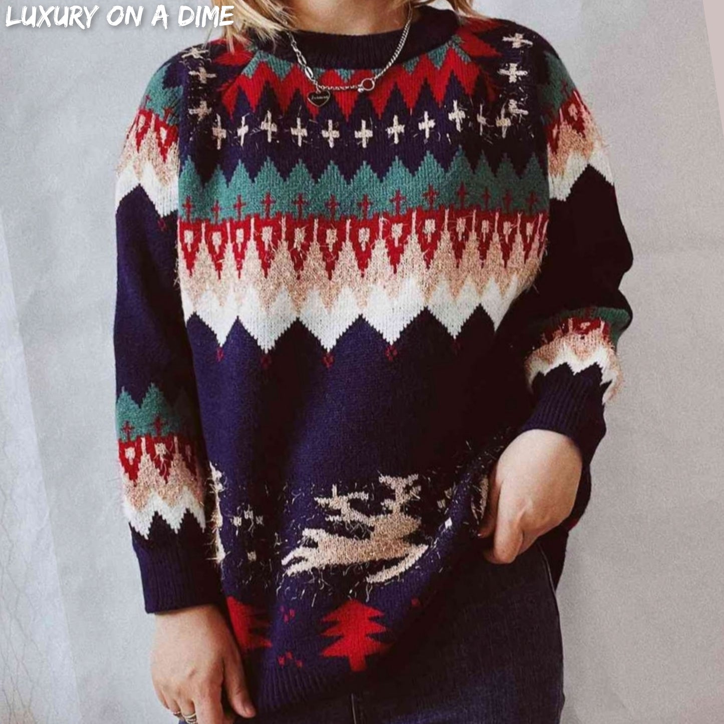 Reindeer Bold Knit Round Neck Classy Holiday Fair Isle Christmas Sweater