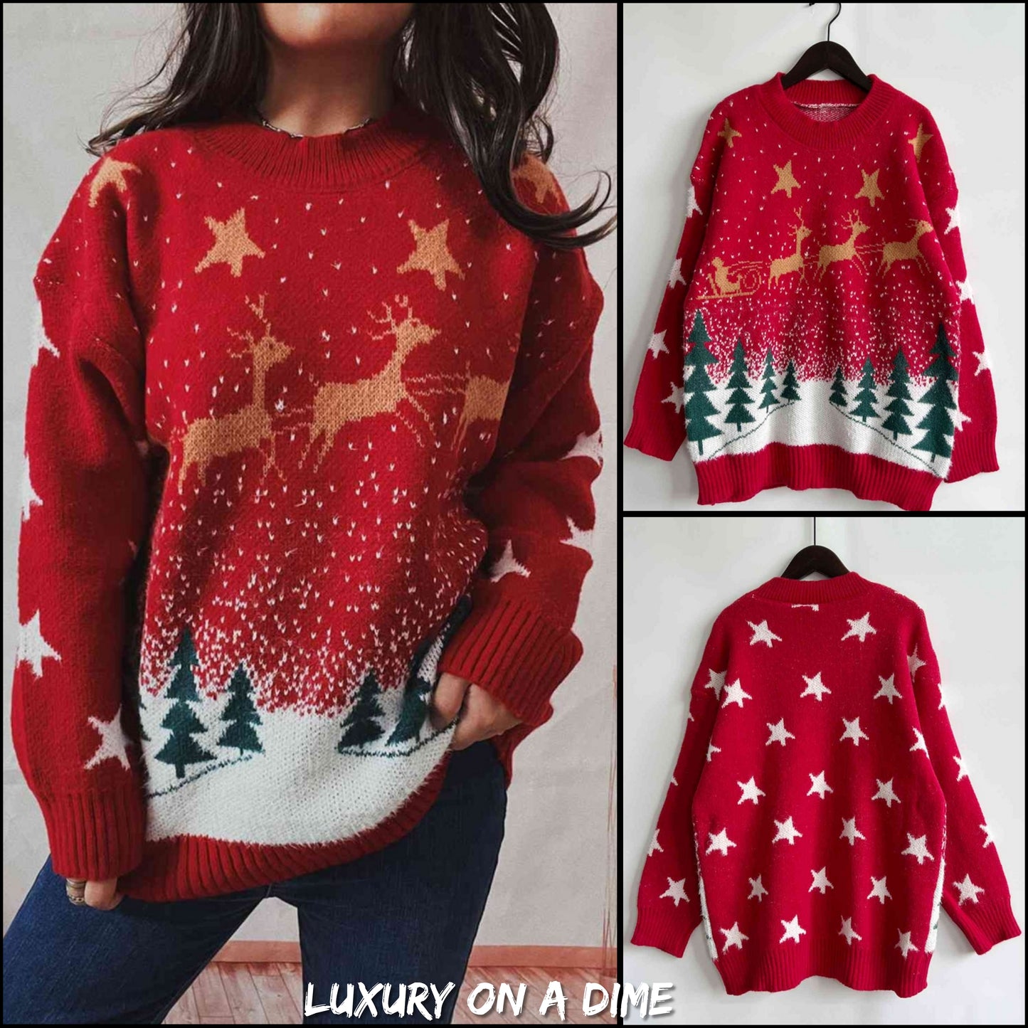 Bold Knit Christmas Santa Reindeer Round Neck Classy Holiday Winter Sweater