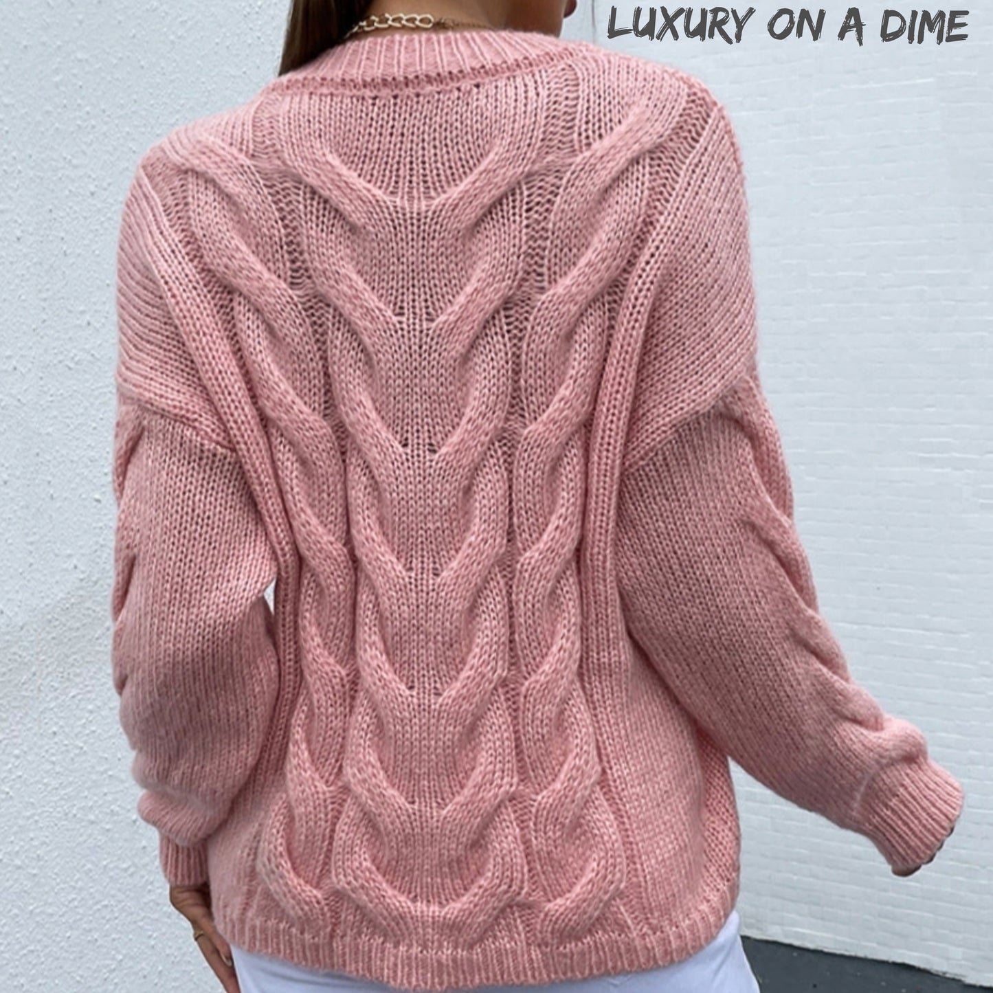 Cable-Knit Classic Long Sleeve Fall Winter Sweater Round Neck Top